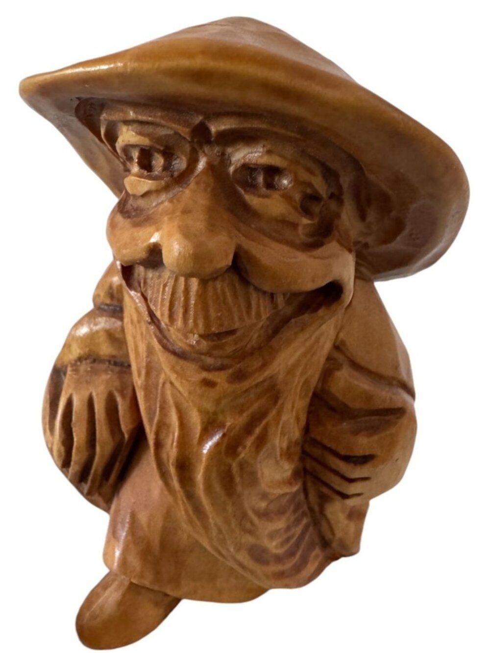 Hand-Carved Wooden Gnome Chinese Japanese Figurine With Hat & Beard